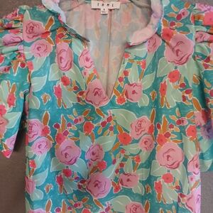 THML Floral Ruffle Neck V-Neck Dress Top - Pink & Aqua